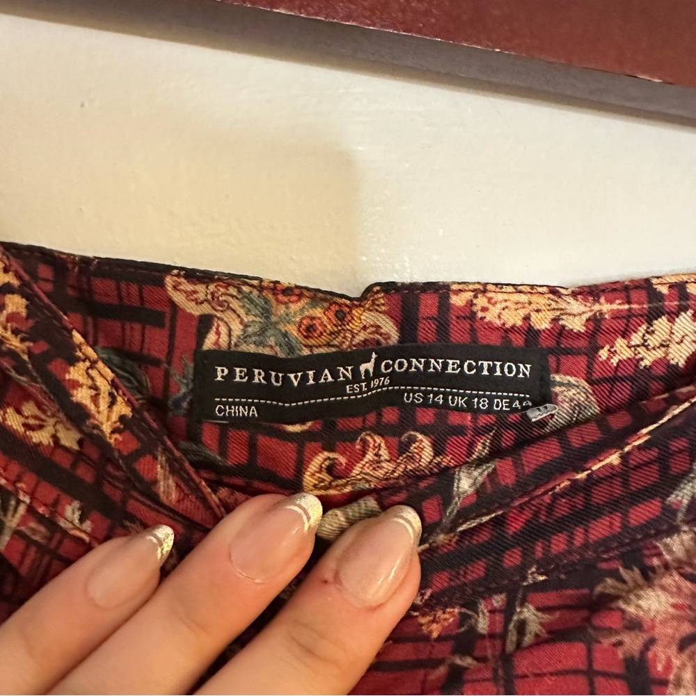 Peruvian Connection Silk Blend Skirt Red Floral Abstract Boho Lagenlook Mature - Picture 4 of 7
